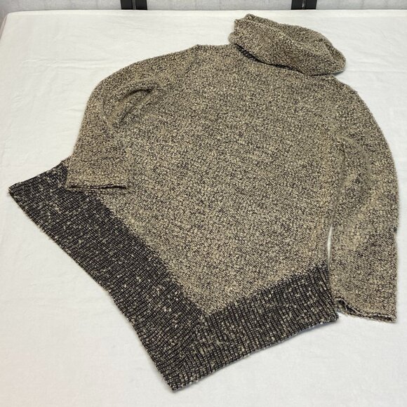 SJS Boucle Knit Cowl Neck Asymmetrical Sweater L Black Tan Roll Sleeve Cozy Chic - Picture 10 of 12